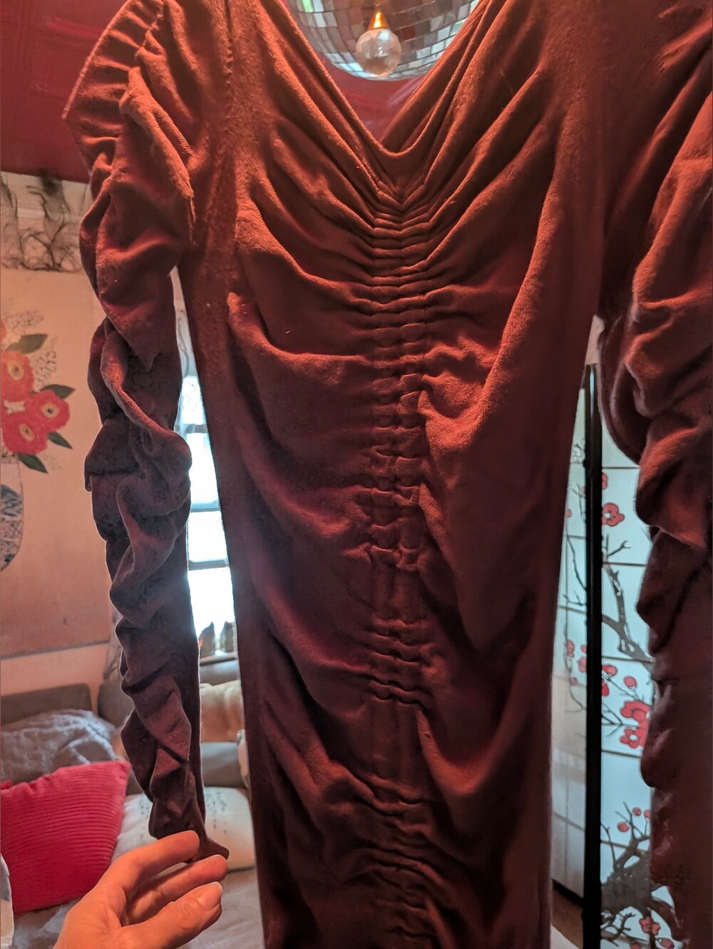Fashion Nova Long Sleeve Ruched Dress in Rust